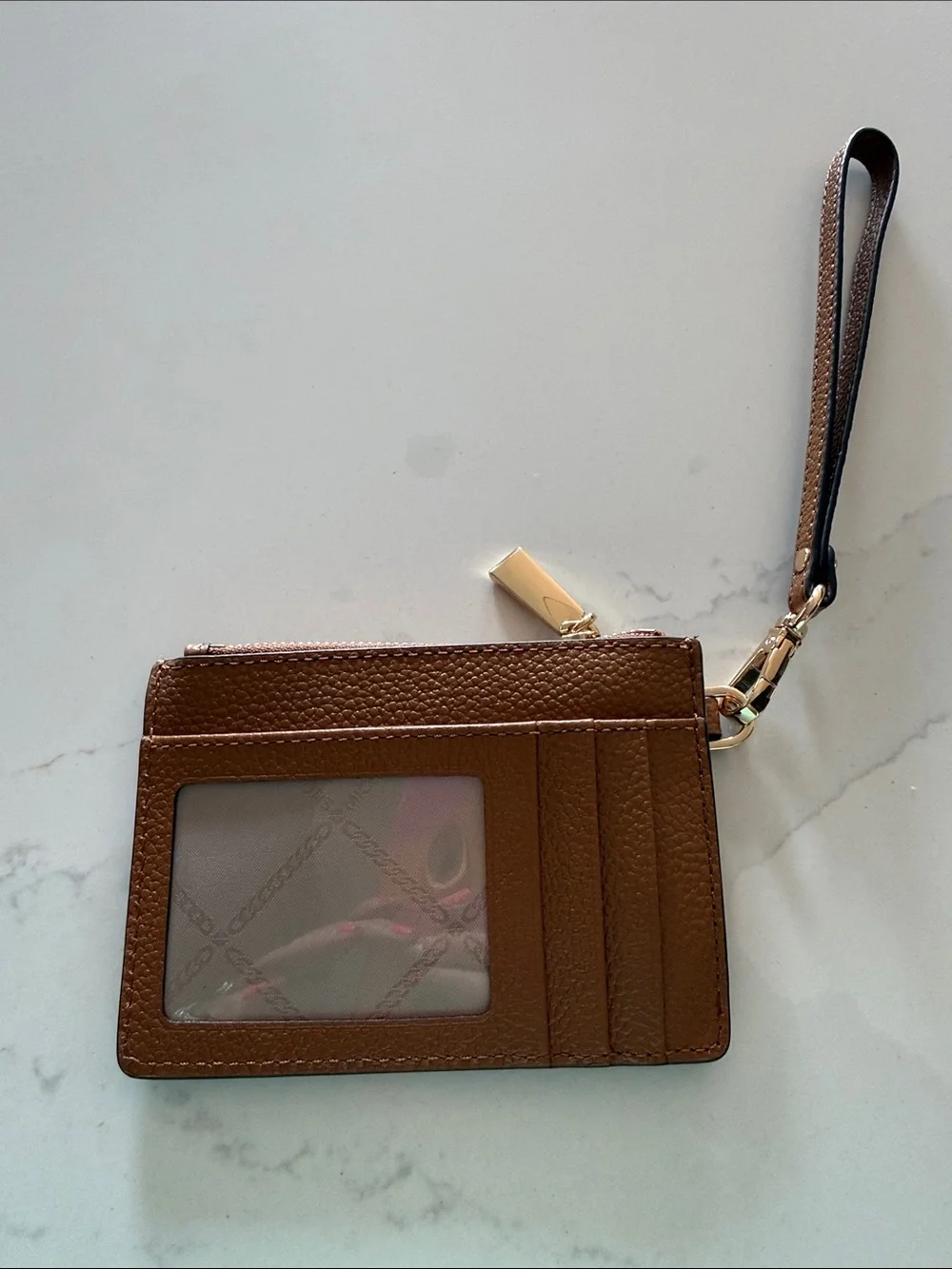 MICHAEL KORS Brown Leather Wristlet Card Pouch with Gold Hardware